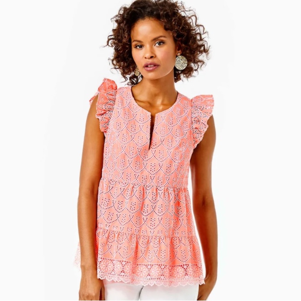NWT Lilly Pulitzer Keila Embroidered Eyelet Top - Peach Hyacinth Floral - Size 6